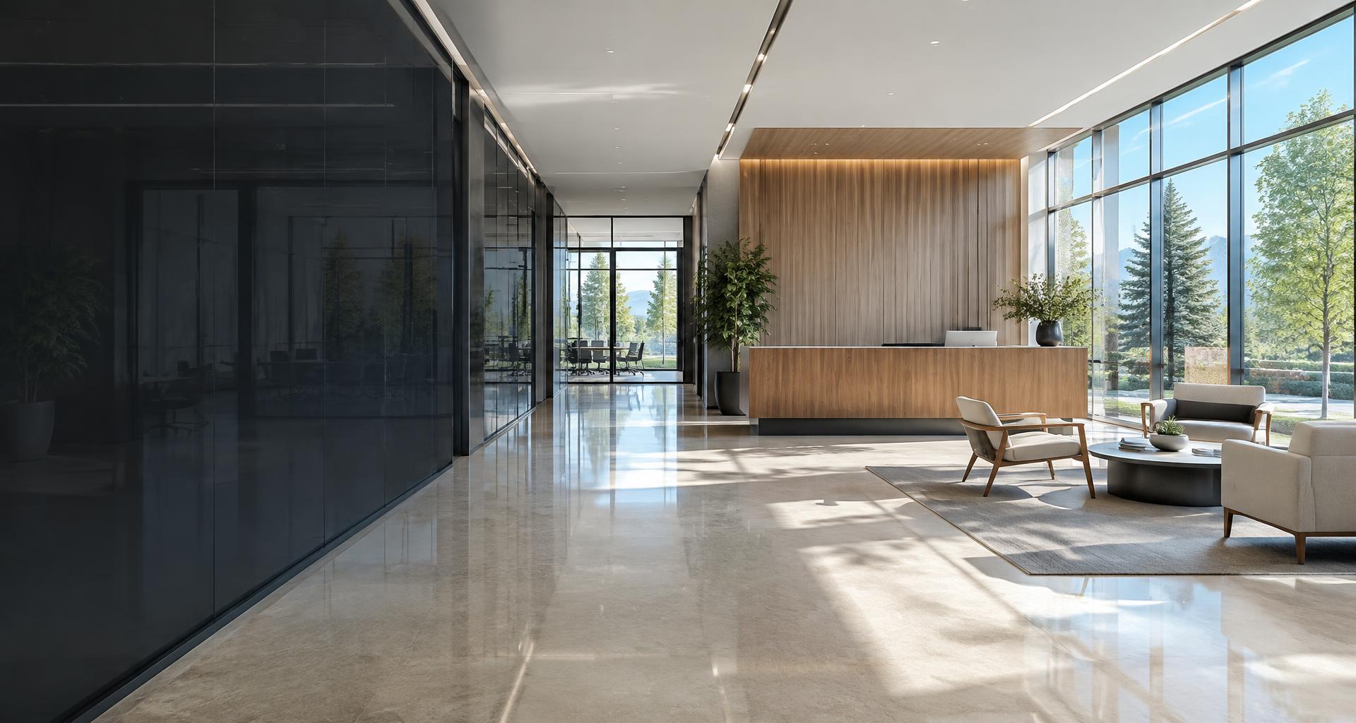 A bright, impeccably maintained modern office lobby